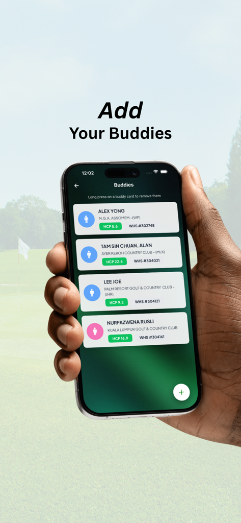 MGA WHS app buddy list screen displaying golfer names and handicap indexes