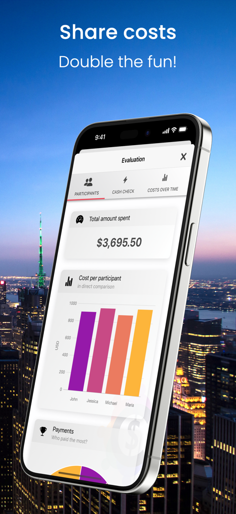Cashinator - Split the bills - Um smartphone exibindo a tela de avaliação do aplicativo Cashinator com um valor total gasto de 3.695,50 dólares e um gráfico de barras de custos por participante.