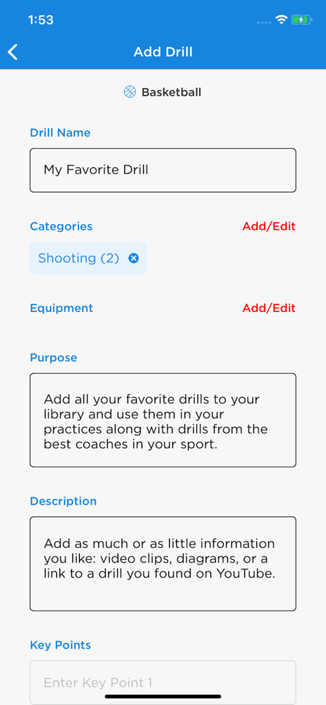 Mobile app interface for creating and customizing sports drills in iPB Volleyball showing fields for drill name and categories.