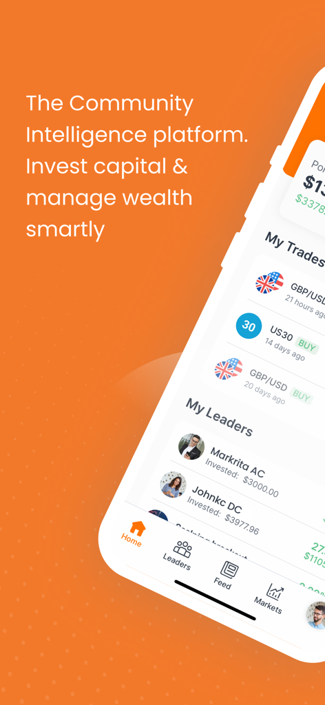 Painel do aplicativo móvel ZuluTrade exibindo líderes de negociação de especialistas e opções de investimento