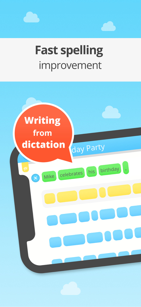 Uno schermo di tablet che mostra un esercizio di scrittura da dettato per il miglioramento dell'ortografia nell'app EASY peasy