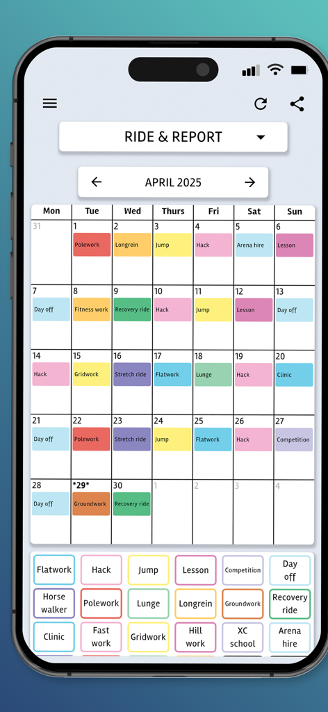 Equiniser - The Equiniser app ride and report screen showing a monthly calendar with color coded equestrian activity logs such as jumping and hacking.