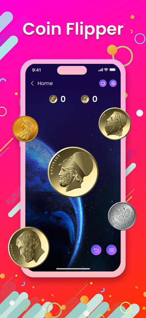 Interface de l'application mobile montrant un outil de pile ou face avec des pièces historiques sur fond cosmique