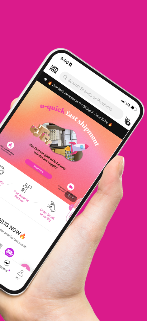 umma.io - Smartphone screen showing the umma.io app homepage with banners for fast k-beauty wholesale shipment and small business ordering options