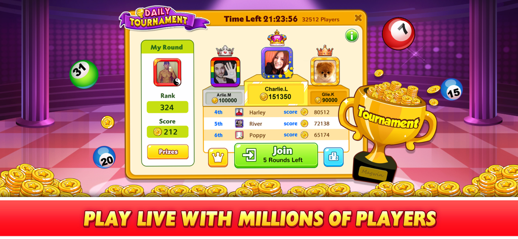 Bingo Win™: Live Bingo Games - Daily tournament leaderboard screen in the Bingo Win mobile game showing player rankings and a golden trophy