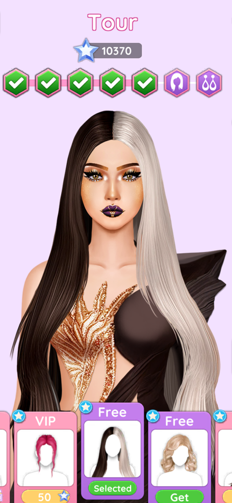 Makeover Artist: Makeup games - Character with half black and half white hair wearing glamour makeup in a fashion game