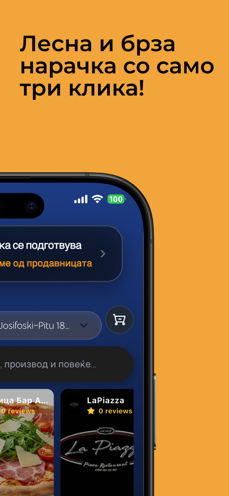 Kart MK - Smartphone display of Kart MK app showing local food delivery options and fast ordering process