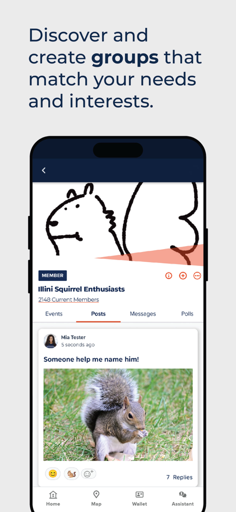 Illinois - Illinois app interface showing the Illini Squirrel Enthusiasts group page with a student post and a photo of a squirrel.