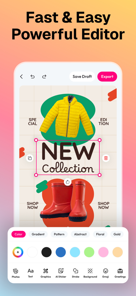 Flayer: AI Poster Maker, Flyer - 新しいコレクションデザインとさまざまな編集ツールを備えたチラシエディタを表示するFlayer AIポスターメーカーのモバイルアプリインターフェース