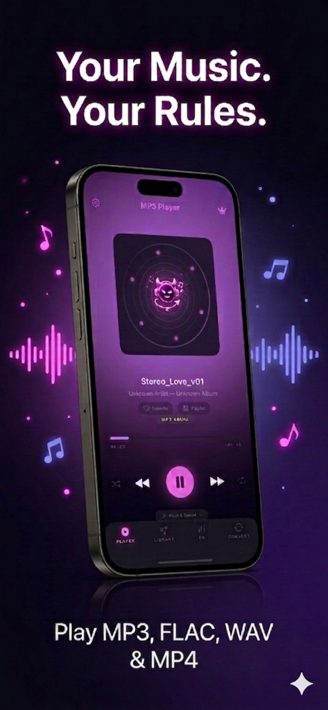 MP3 Player & Audio Music Mixer - Interfaz de la aplicación Reproductor MP3 y Mezclador de Audio Musical en la pantalla de un smartphone con el lema Tu Música Tus Reglas.