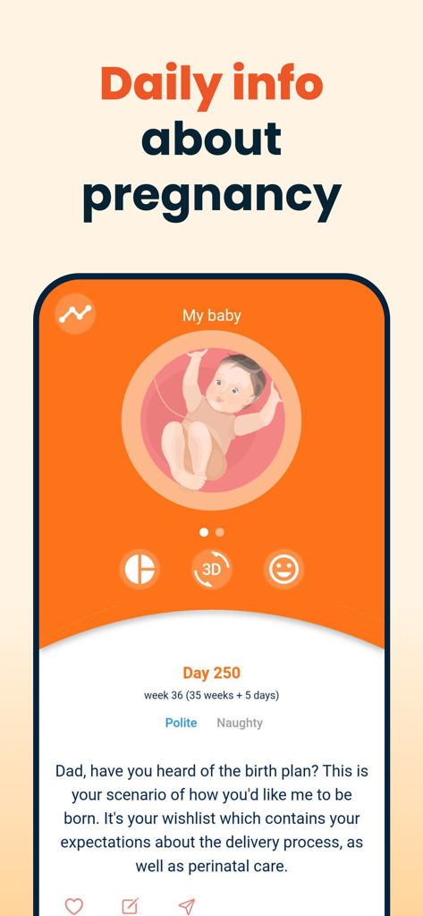HiDaddy app interface showing daily pregnancy updates and baby development for fathers