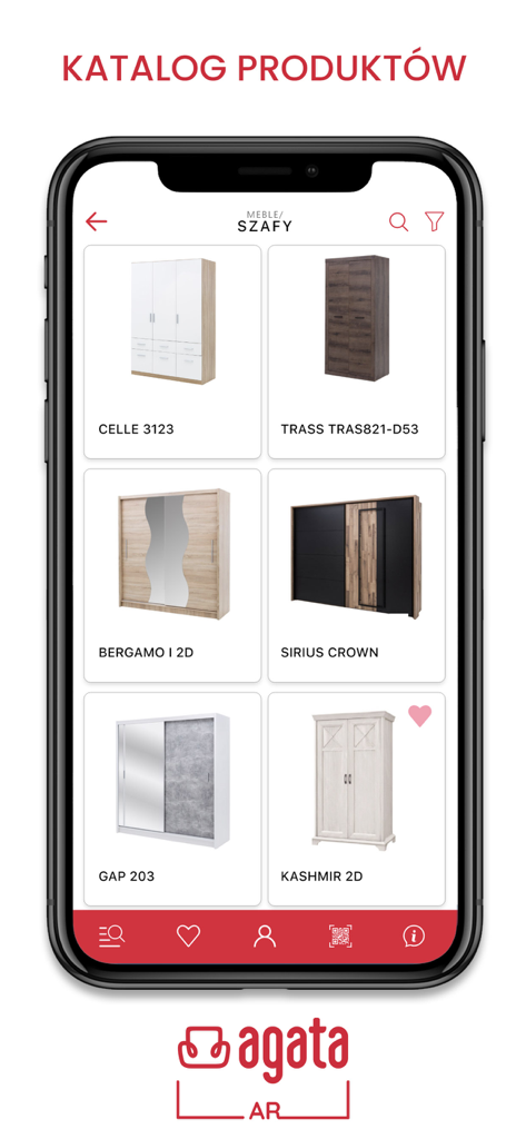 Agata - Wirtualna Aranżacja AR - Agata AR家具アプリでワードローブ製品カタログを表示するスマートフォン画面