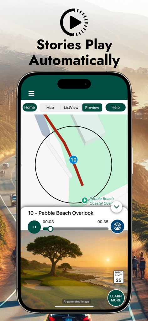 A mobile app screen for the 17 Mile Drive Audio Tour showing a GPS map and an audio player for Pebble Beach Overlook with a heading stating stories play automatically.
