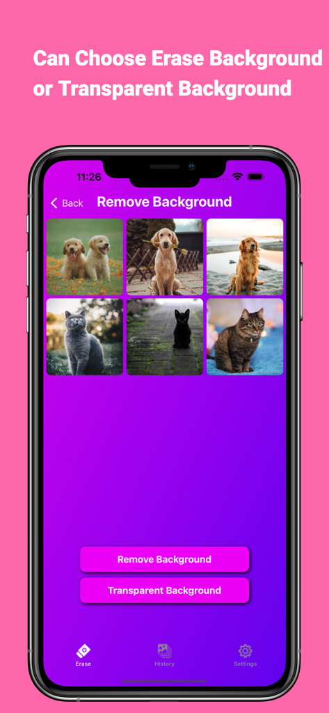 Background Transparent - Tela mostrando opções para apagar ou tornar fundos transparentes em um aplicativo de edição de fotos