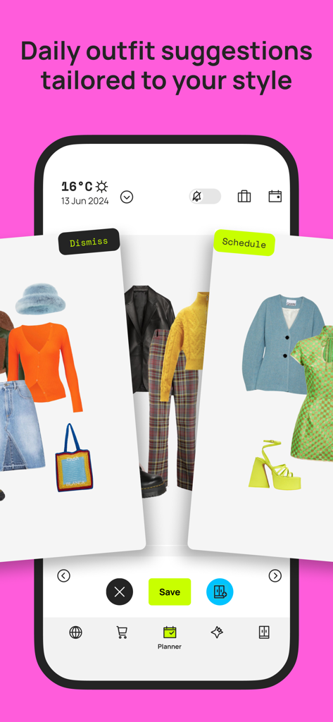 Daily outfit suggestions and closet planner in the Whering mobile app interface.