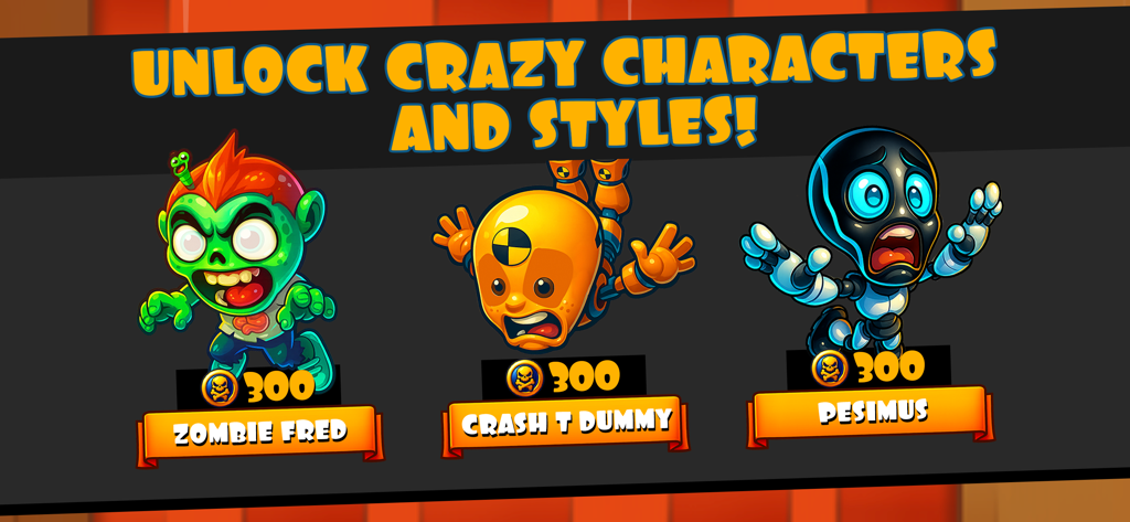 Falling Fred Redux - A screen showing three unlockable game characters including Zombie Fred and Crash T Dummy