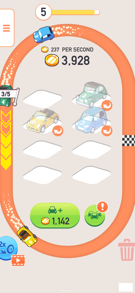 Car Merger game screen showing cars racing on a track to earn money and parking spots for merging
