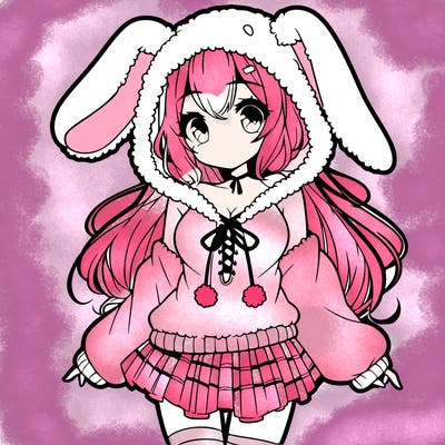 pretty anime girl wearing a fluffy hoodie with bunny ears on the hood and a skirt