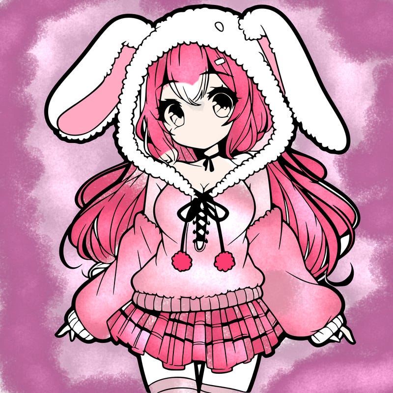 pretty anime girl wearing a fluffy hoodie with bunny ears on the hood and a skirt