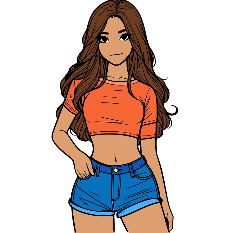 teenage girl with a crop top short shorts and long hair realistic