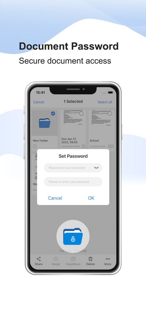 Interface de l'application Simple Scanner montrant la fonction de protection par mot de passe des documents pour un accès sécurisé aux fichiers