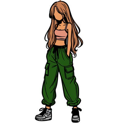 girl in baggy pants crop top and long hair