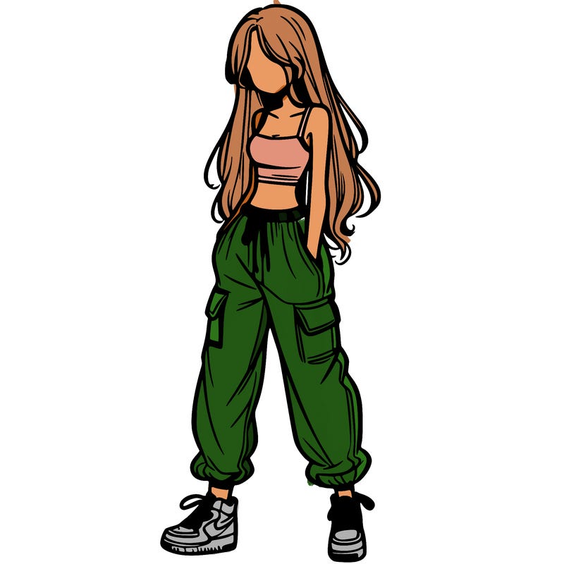 girl in baggy pants crop top and long hair