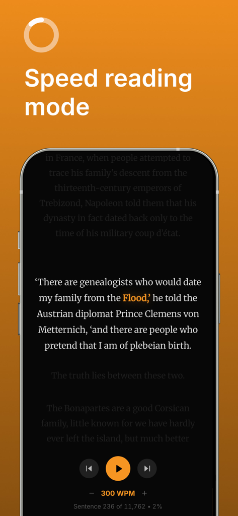 Lex Reader - Lex Reader app speed reading mode interface showing a text sentence with reading speed controls on a mobile device.