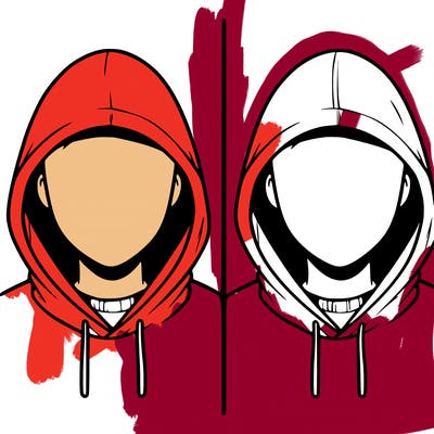 a person with a hoodie and no face, the drawing is split in 2