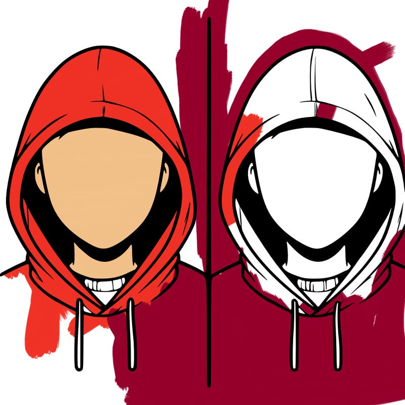 a person with a hoodie and no face, the drawing is split in 2