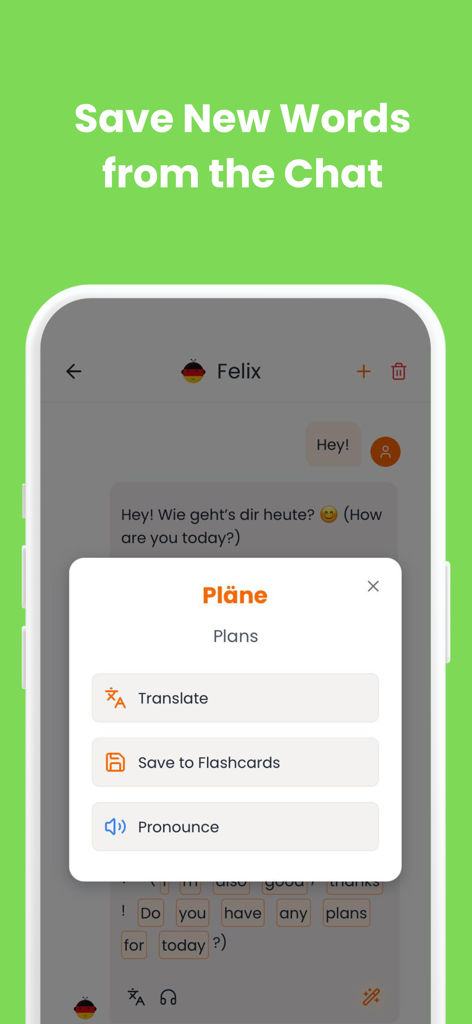 Learn German - Deutsch Mentor - Interface showing how to save new German words from an AI chat conversation to digital flashcards.