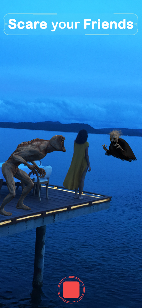 A woman on a deck surrounded by augmented reality horror monsters at night