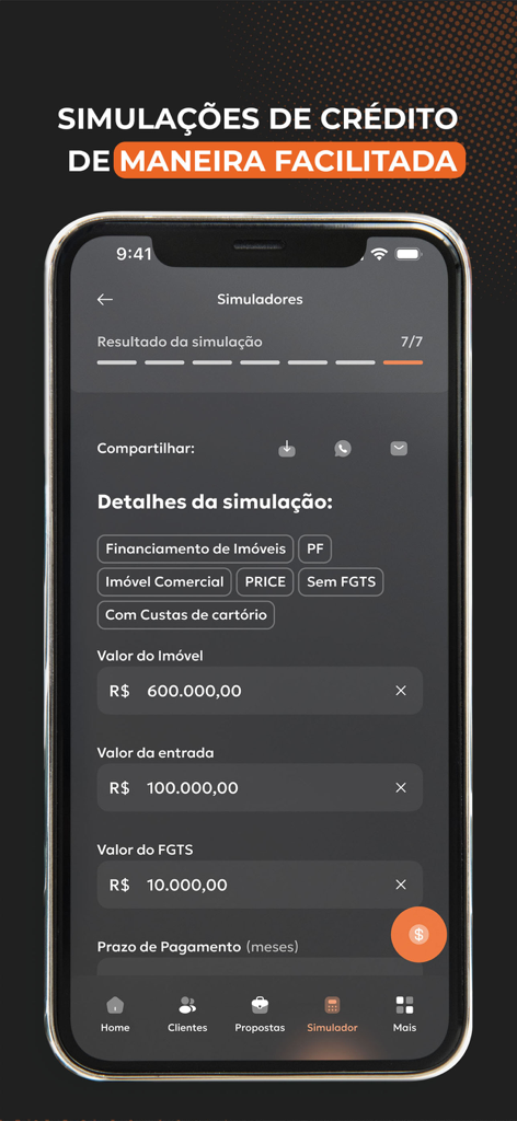 Teddy 360° - Interface móvel do aplicativo Teddy 360 mostrando detalhes de simulação de crédito imobiliário para profissionais financeiros