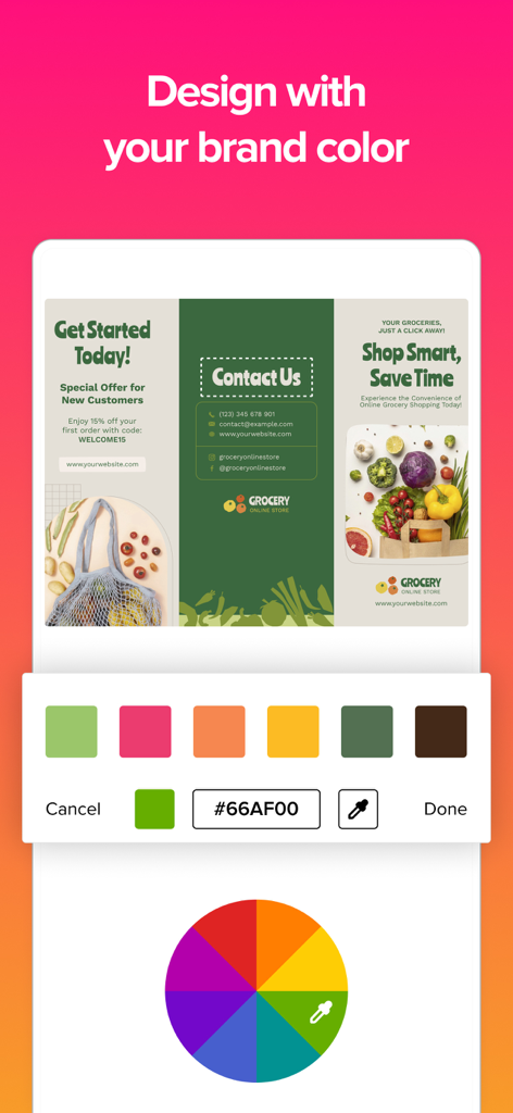 Interfaz que muestra un folleto tríptico siendo personalizado con un selector de color de marca y una rueda de colores