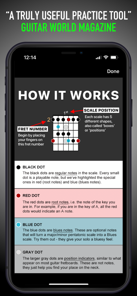 JamTracks+ Learn & Play Guitar - Guitar scale chart tutorial screen explaining root notes blues notes and fret positions