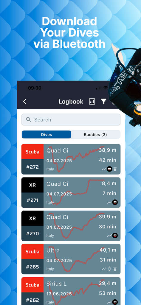 A digital logbook in the Mares App displaying a list of scuba and extended range dives with depth profiles and dates