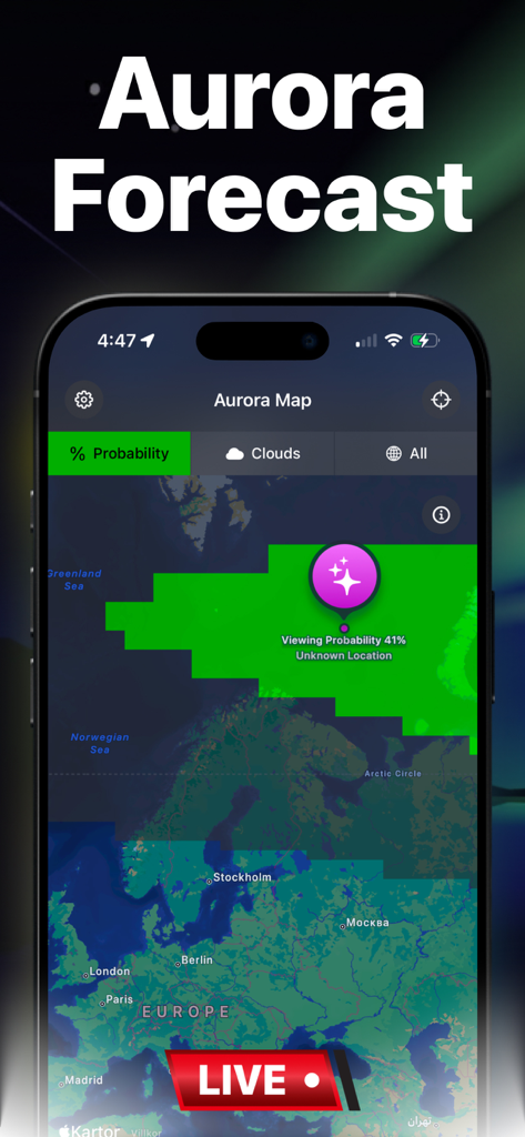 Aurora Forecast - Alerts - 북극광 추적을 위한 실시간 오로라 확률 지도 표시 스마트폰 화면.