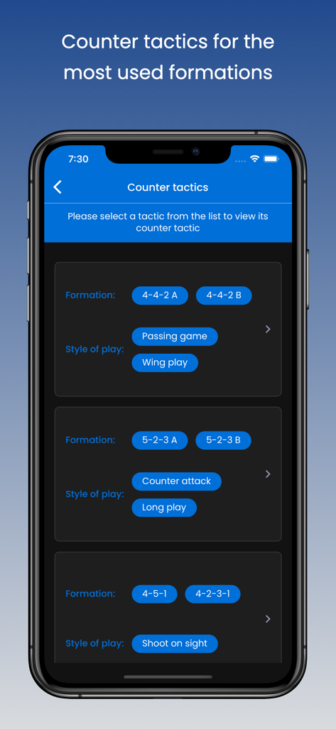 OSM Tactics, AI Tactics - OSM Tactics app screen showing counter tactics options for different soccer formations and styles of play