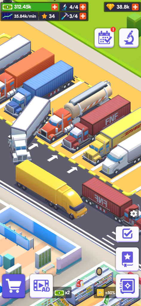 Isometric view of various colorful semi trucks parked in a large truck stop parking lot with a yellow truck driving through