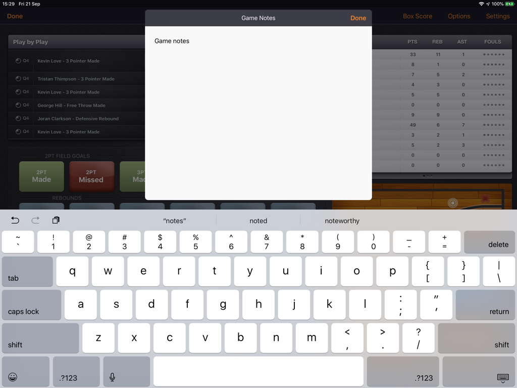 Écran de saisie des notes de jeu avec clavier sur l'interface de l'application Basketball Stats PRO Lite pour iPad
