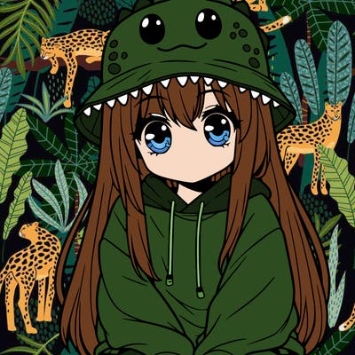girl with anime shaped eyes with a dinosaur bucket hat oversized sweatshirt long straight hair
