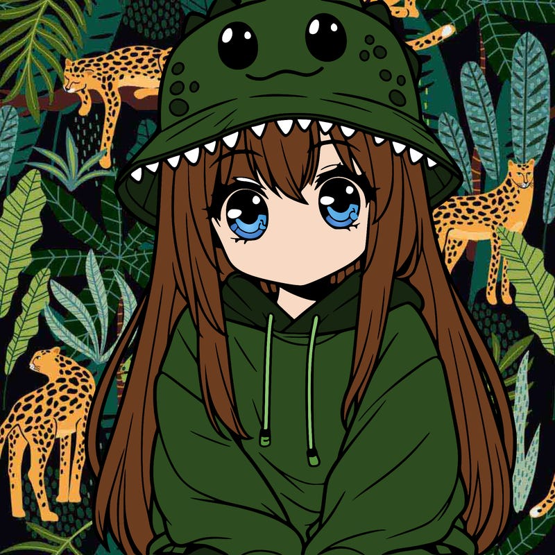 girl with anime shaped eyes with a dinosaur bucket hat oversized sweatshirt long straight hair