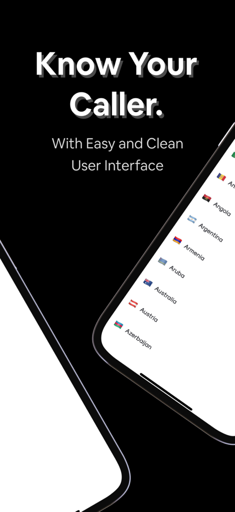 NumberBox:CallerID - NumberBox app screen showing Know Your Caller text and a list of countries with flags
