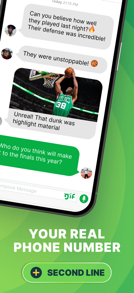 Smartphone screen displaying the textPlus app chat interface and second phone number prompt