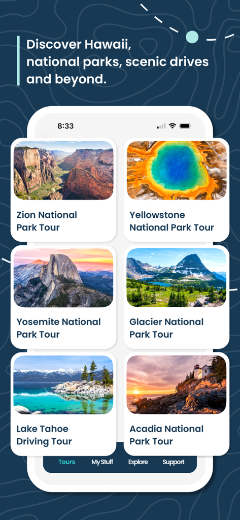 Shaka Guide | GPS Audio Tours - Shaka Guide mobile app interface showing various national park audio tour options like Zion Yellowstone and Yosemite