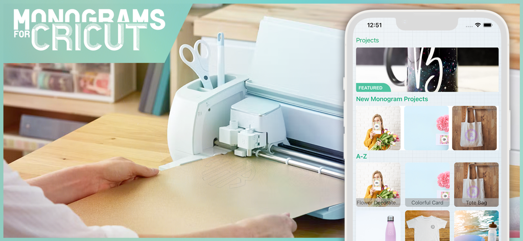 Monograms for Cricut - Smartphone displaying monogram projects next to a Cricut machine cutting a design