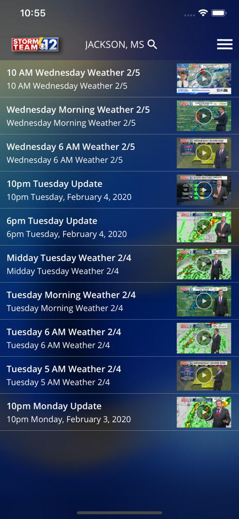 Pantalla que muestra una lista de pronósticos meteorológicos locales en video del Equipo de Tormentas 12 en Jackson, Mississippi.