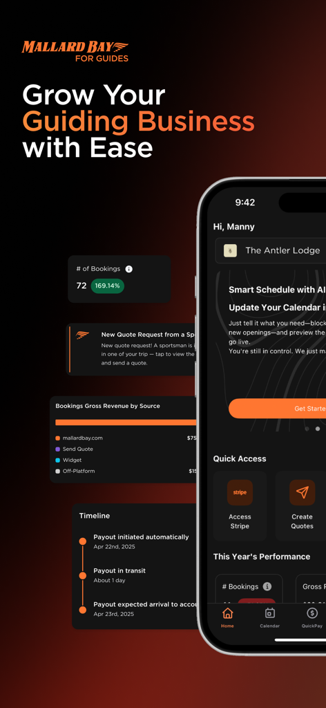 Mallard Bay For Guides app dashboard showing booking metrics and revenue tracking for hunting and fishing guides