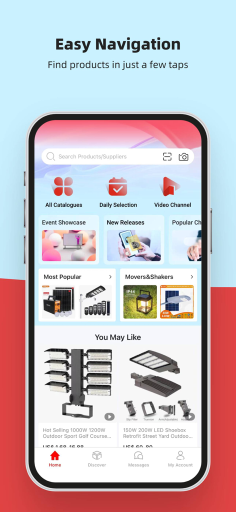 Made-in-China.com Lite - The home screen of the Made-in-China.com Lite app displaying a search bar, product categories, and personalized recommendations for sourcing.