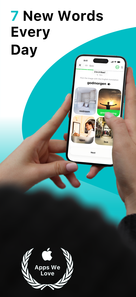 Una persona che usa l'app LENGO per imparare il danese attraverso un quiz interattivo di vocabolario quotidiano con la frase godmorgen